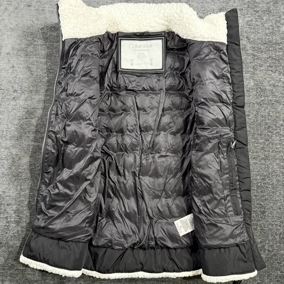 Calvin Klein Womens Performance Black Puffer Vest White Sherpa Lining Size Small - Picture 3 of 11
